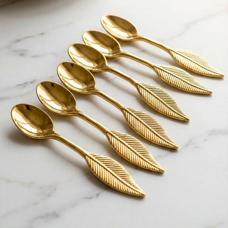 Luxury Golden Leaf Tea Spoon Set – 6 Pcs Premium Stainless Steel Coffee & Dessert Spoons