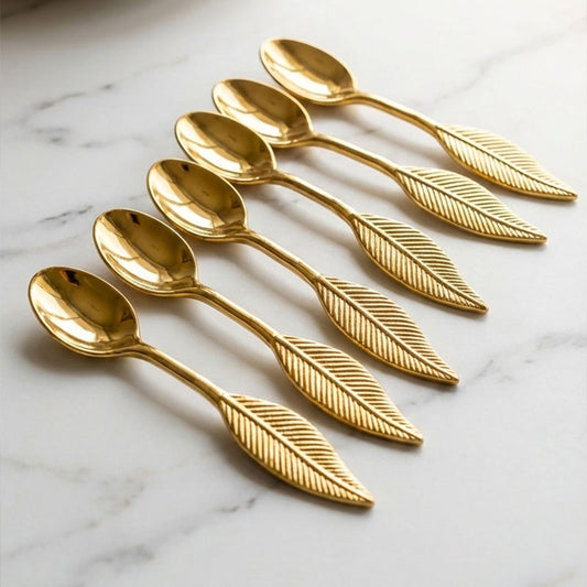 Luxury Golden Leaf Tea Spoon Set – 6 Pcs Premium Stainless Steel Coffee & Dessert Spoons