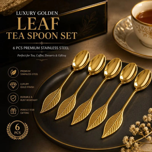 Luxury Golden Leaf Tea Spoon Set – 6 Pcs Premium Stainless Steel Coffee & Dessert Spoons