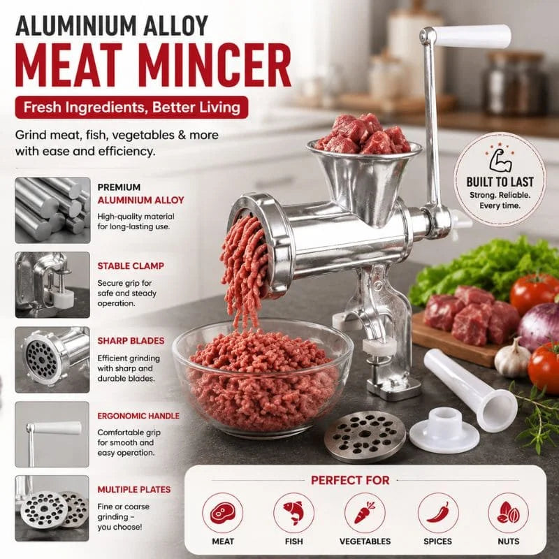 Manual Aluminium Alloy Meat Mincer Grinder – Heavy Duty Hand Crank Meat & Vegetable Grinder Machine – close-up detail