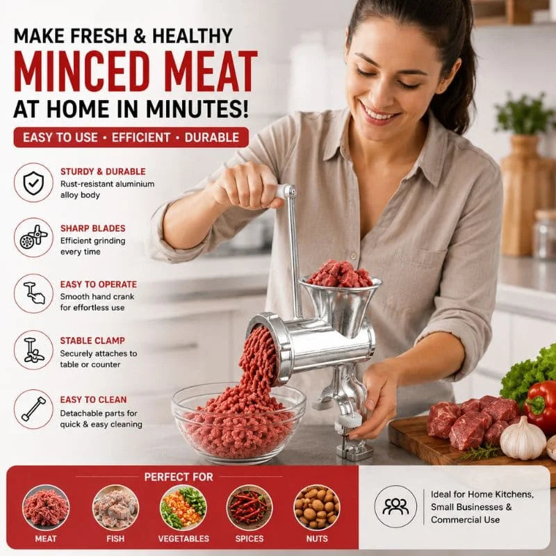 Manual Aluminium Alloy Meat Mincer Grinder – Heavy Duty Hand Crank Meat & Vegetable Grinder Machine – in use