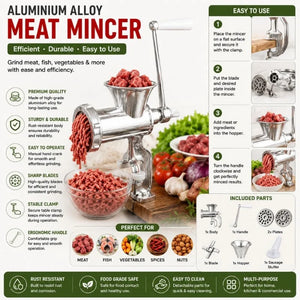 Manual Aluminium Alloy Meat Mincer Grinder – Heavy Duty Hand Crank Meat & Vegetable Grinder Machine – side view