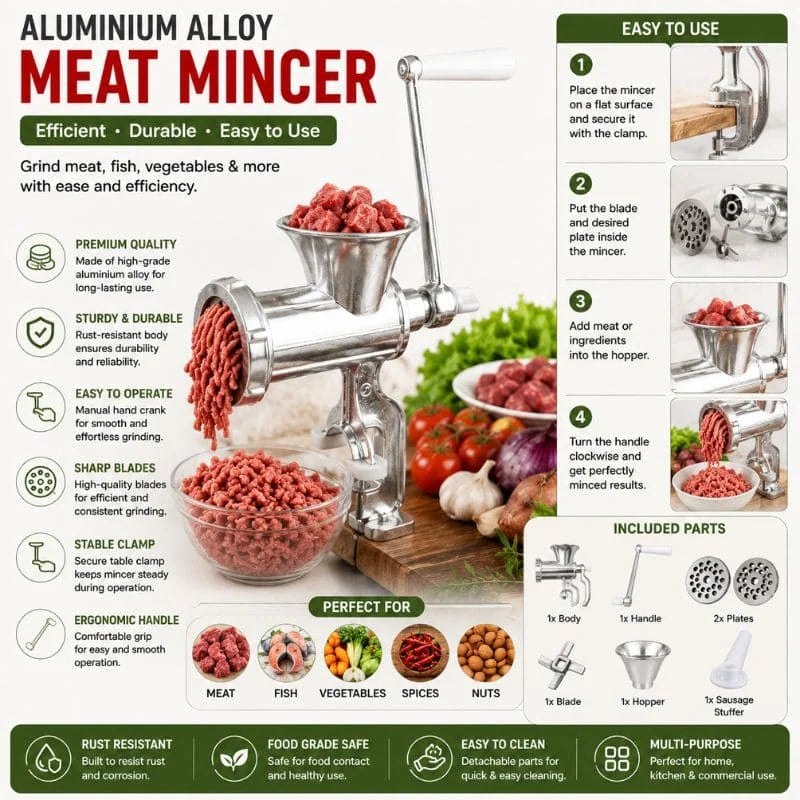 Manual Aluminium Alloy Meat Mincer Grinder – Heavy Duty Hand Crank Meat & Vegetable Grinder Machine – side view