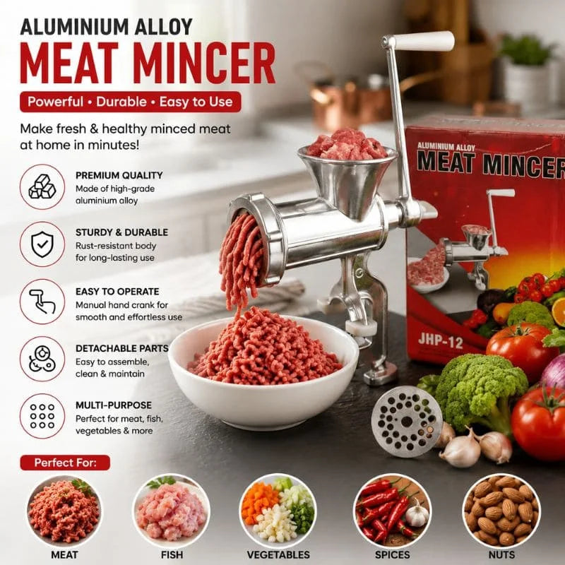 Manual Aluminium Alloy Meat Mincer Grinder – Heavy Duty Hand Crank Meat & Vegetable Grinder Machine