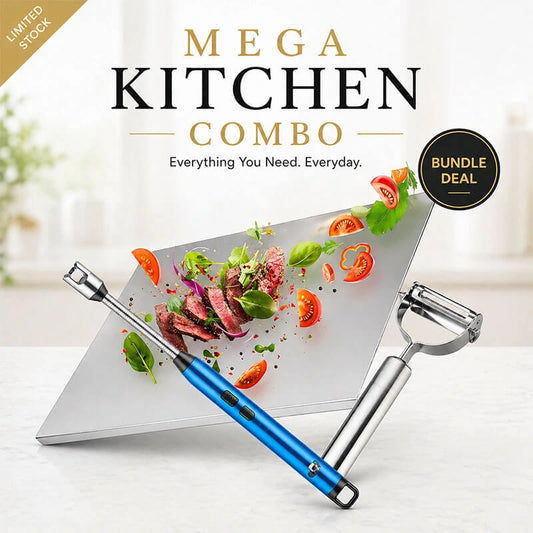 Mega Kitchen Combo – Stainless Steel Cutting Board, USB Electric Lighter & Stainless Steel Peeler | 3-in-1 Kitchen Essentials Bundle