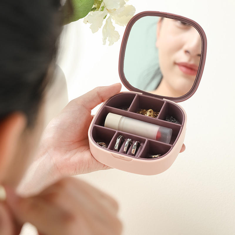 Mini Jewelry Storage Box with Mirror Portable Plastic Organizer Case
