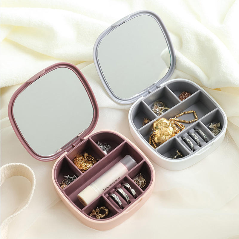 Mini Jewelry Storage Box with Mirror Portable Plastic Organizer Case