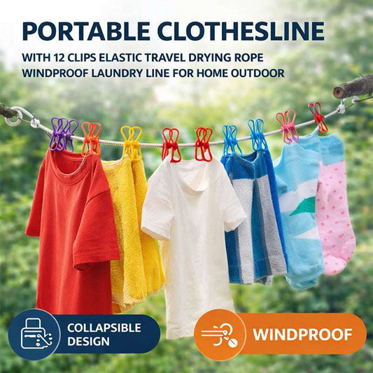 Portable Clothesline with 12 Clips Elastic Travel Drying Rope Windproof Laundry Line for Home Outdoor