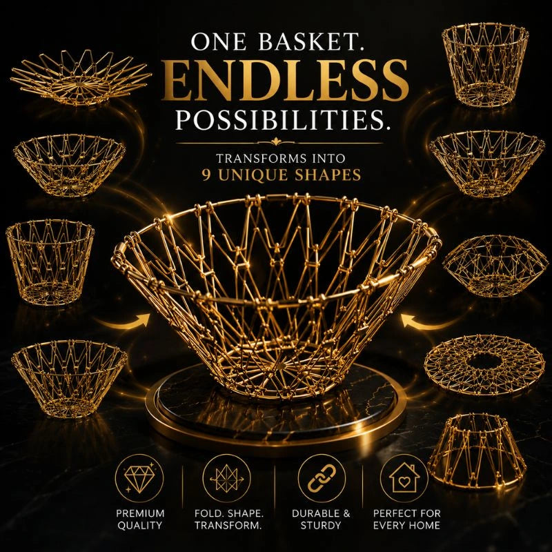 Foldable Stainless Steel Fruit Basket – 9 Shape Transforming Multifunctional Storage Basket – side view