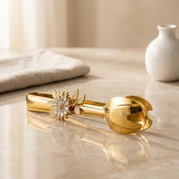 Premium Gold Floral Serving Tongs – Elegant Stainless Steel Ice & Dessert Ton