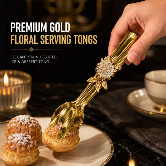 Premium Gold Floral Serving Tongs – Elegant Stainless Steel Ice & Dessert Ton