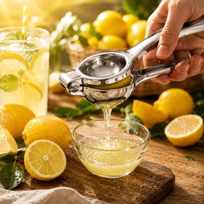 Stainless Steel Lemon Squeezer – Heavy Duty Manual Citrus Juicer – close-up detail