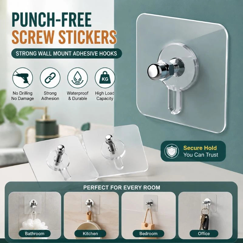Punch-Free Screw Stickers – Strong Wall Mount Adhesive Hooks