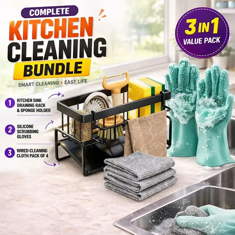 3 in 1 Kitchen Cleaning Bundle Sink Organizer Gloves & Cleaning Cloth Set