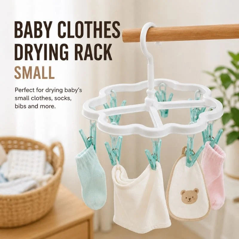 Small Baby Clothes Drying Rack with Rotatable Hook & Strong Clips – Portable Hanging Drying Hanger