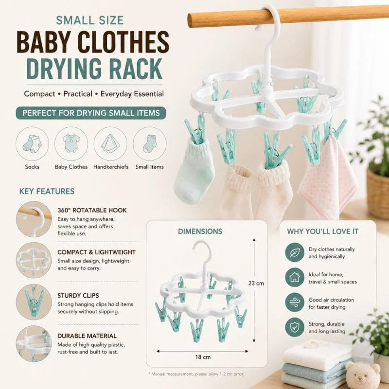 Small Baby Clothes Drying Rack with Rotatable Hook & Strong Clips – Portable Hanging Drying Hanger