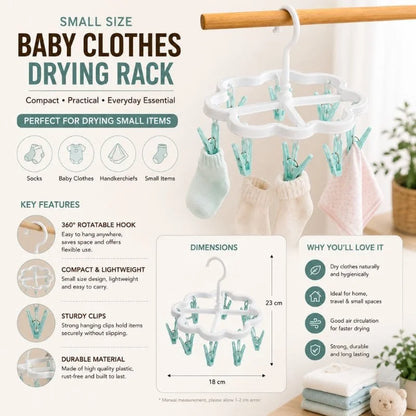 Small Baby Clothes Drying Rack with Rotatable Hook & Strong Clips – Portable Hanging Drying Hanger