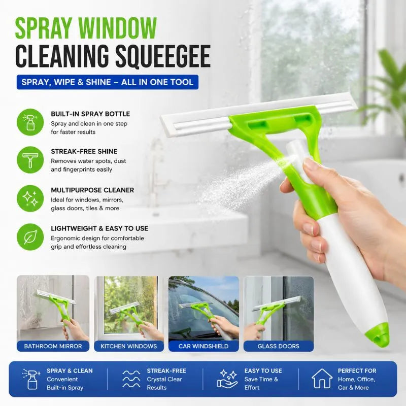 Spray Window Cleaning Squeegee Glass Wiper with Built In Spray Bottle for Bathroom Kitchen Car