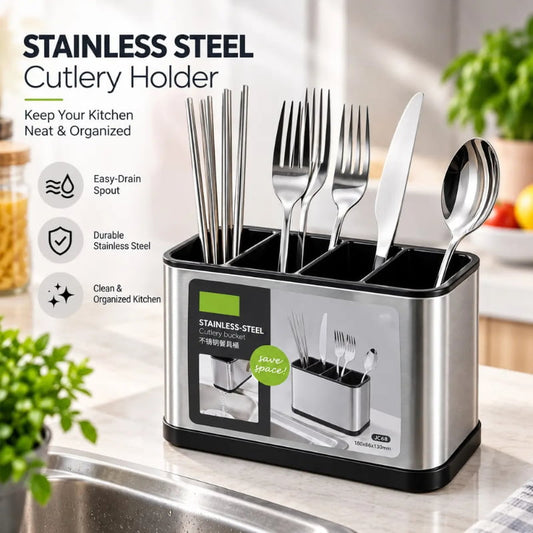 Stainless Steel Cutlery Holder – Multi-Compartment Kitchen Utensil Organizer for Spoons, Forks, Knives & Chopsticks