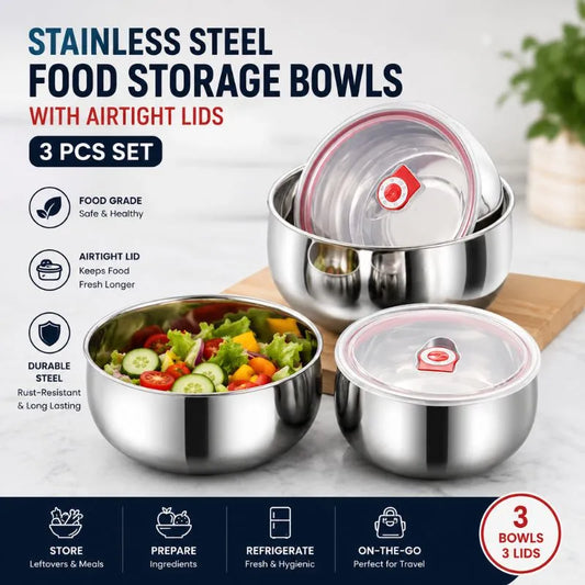 Stainless Steel Food Storage Bowls with Airtight Lids (3 PCS Set)