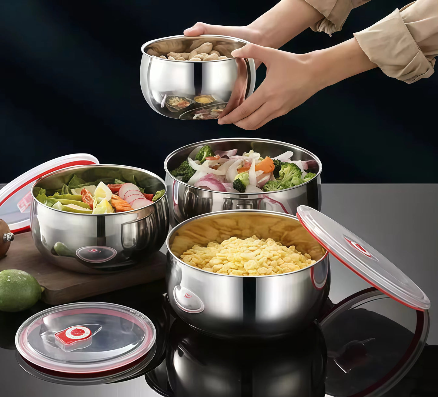 Stainless Steel Food Storage Bowls with Airtight Lids (3 PCS Set)