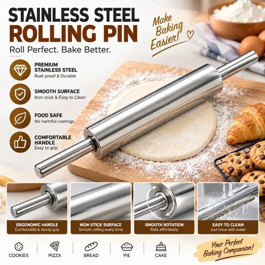Stainless Steel Rolling Pin – Non-Stick Dough Roller with Ergonomic Handles | Roti, Pizza & Baking Dough Roller