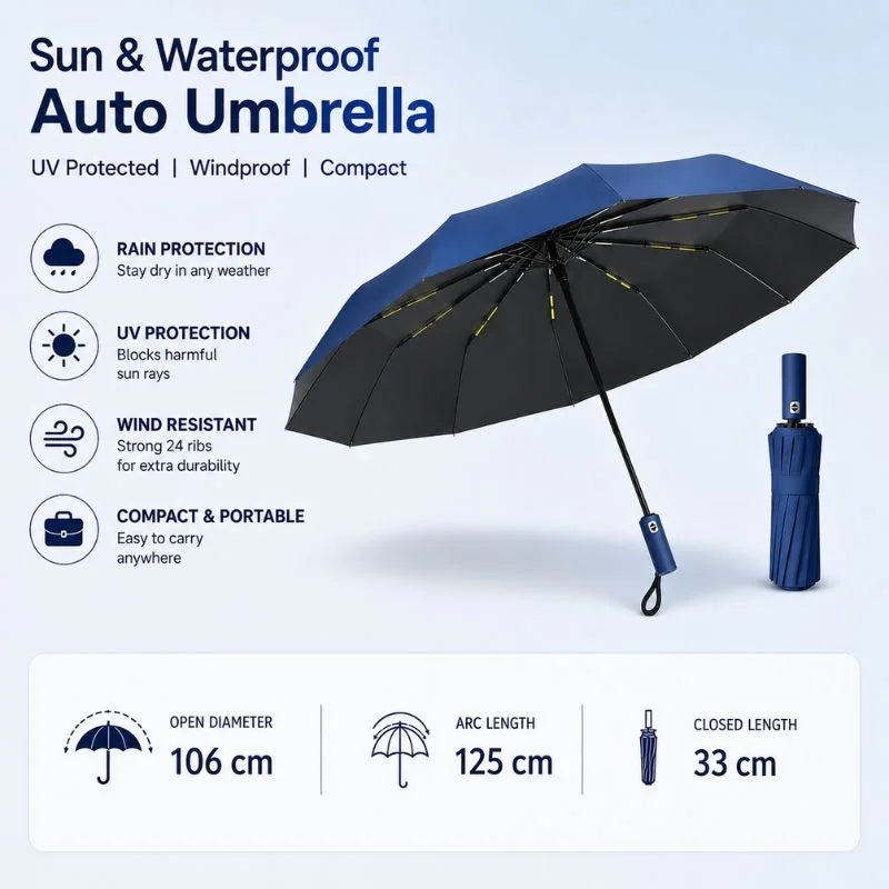Sun & Waterproof Auto Umbrella – UV Protected Windproof Folding Umbrella