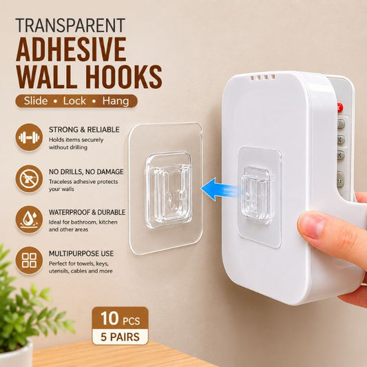 Transparent Adhesive Wall Hooks – Strong Non-Punching Traceless Fixing Sticker (10 Pcs / 5 Pairs)