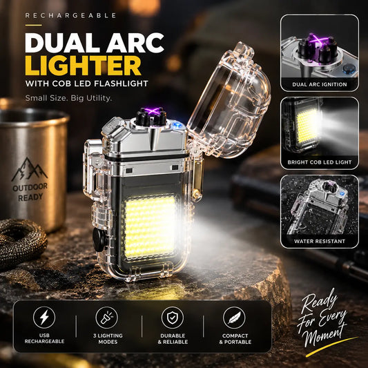 Transparent Dual Arc Electric Lighter with COB LED Flashlight