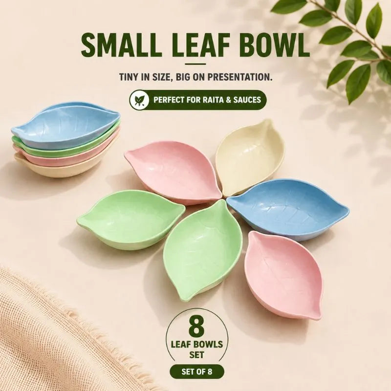 Leaf Shape Ceramic Spice Dish Set with Wooden Tray – Multipurpose Serving Bowls for Salt, Pepper & Snacks