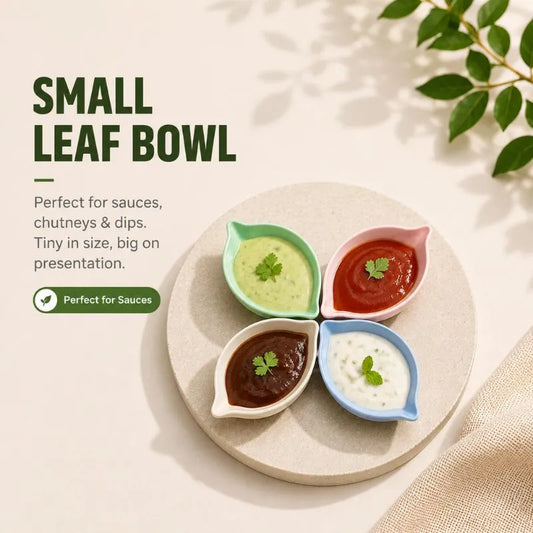 Leaf Shape Ceramic Spice Dish Set with Wooden Tray – Multipurpose Serving Bowls for Salt, Pepper & Snacks