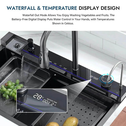 Waterfall Smart Display Stainless Steel Kitchen Sink