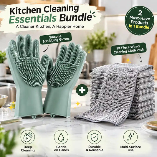 Kitchen Cleaning Essentials Bundle – Silicone Scrubbing Gloves and 10-Piece Wired Cleaning Cloth Pack