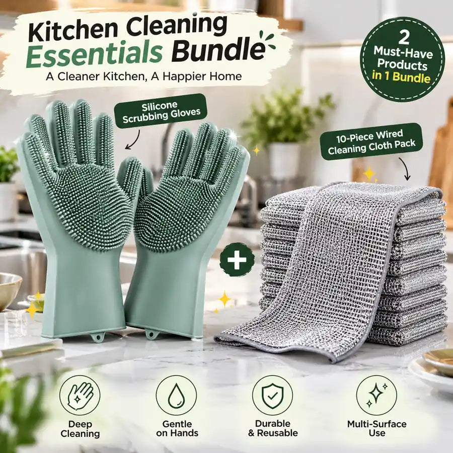 Kitchen Cleaning Essentials Bundle – Silicone Scrubbing Gloves and 10-Piece Wired Cleaning Cloth Pack