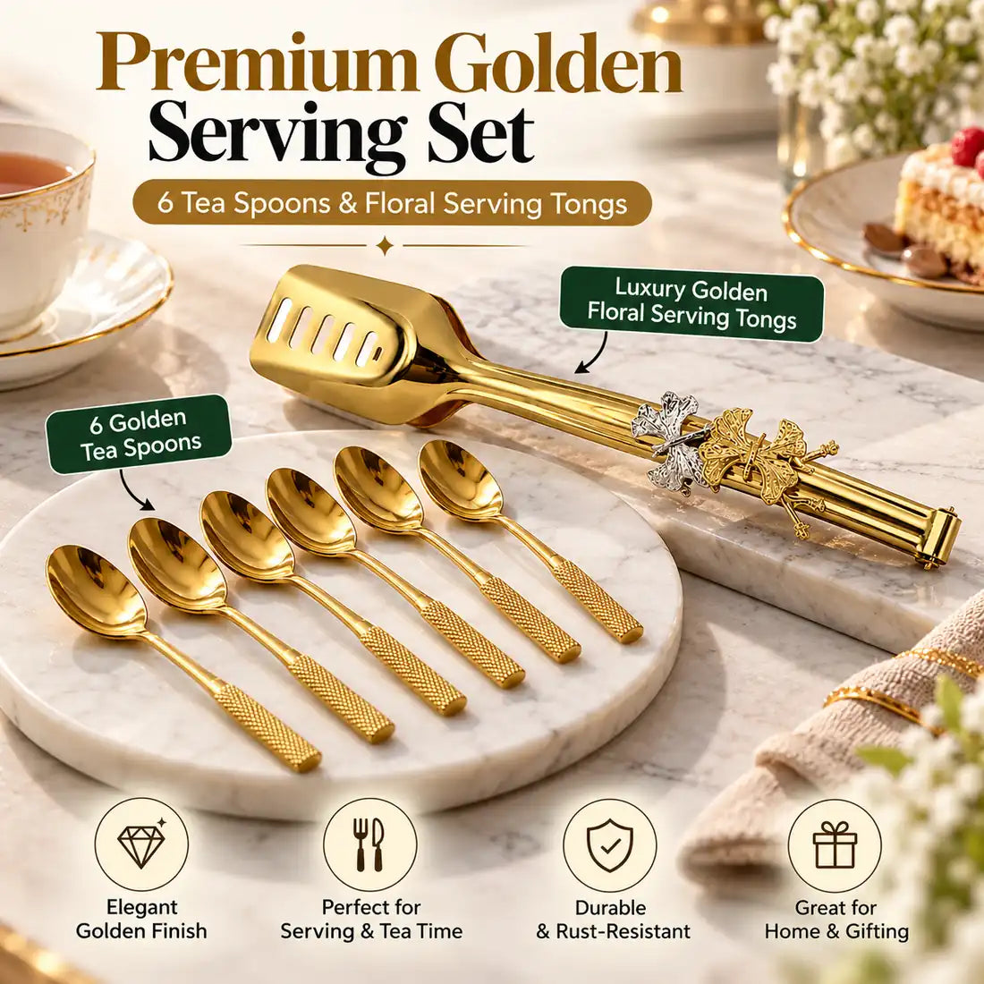 Premium Golden Serving Set with 6 golden tea spoons and floral serving tongs