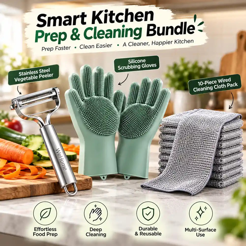 Smart Kitchen Prep & Cleaning Bundle — peeler, silicone gloves and 10-piece cleaning cloth pack